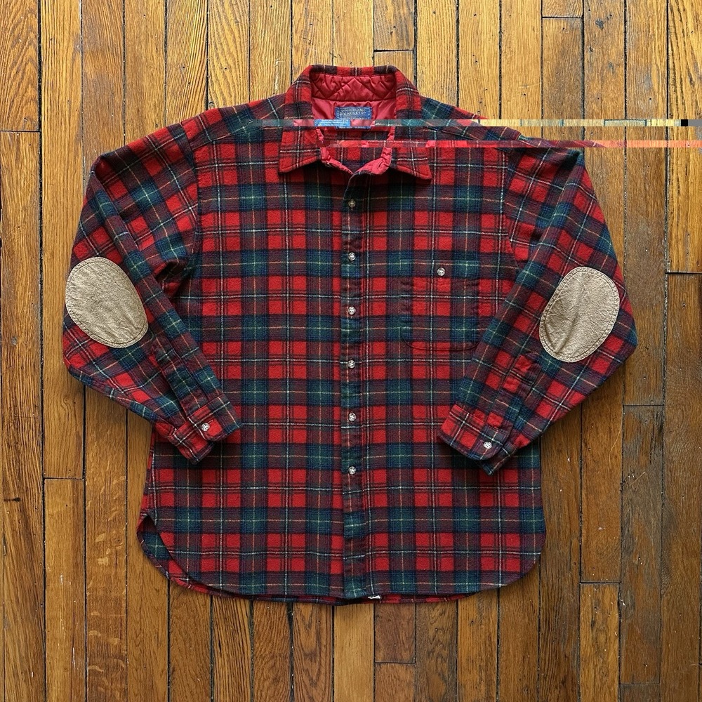 Vtg 80s Pendleton Plaid Wool Flannel Suede Elbow Patches‎ Men XL Red Green